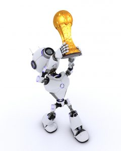 3D Render of a Robot lifting football trophy